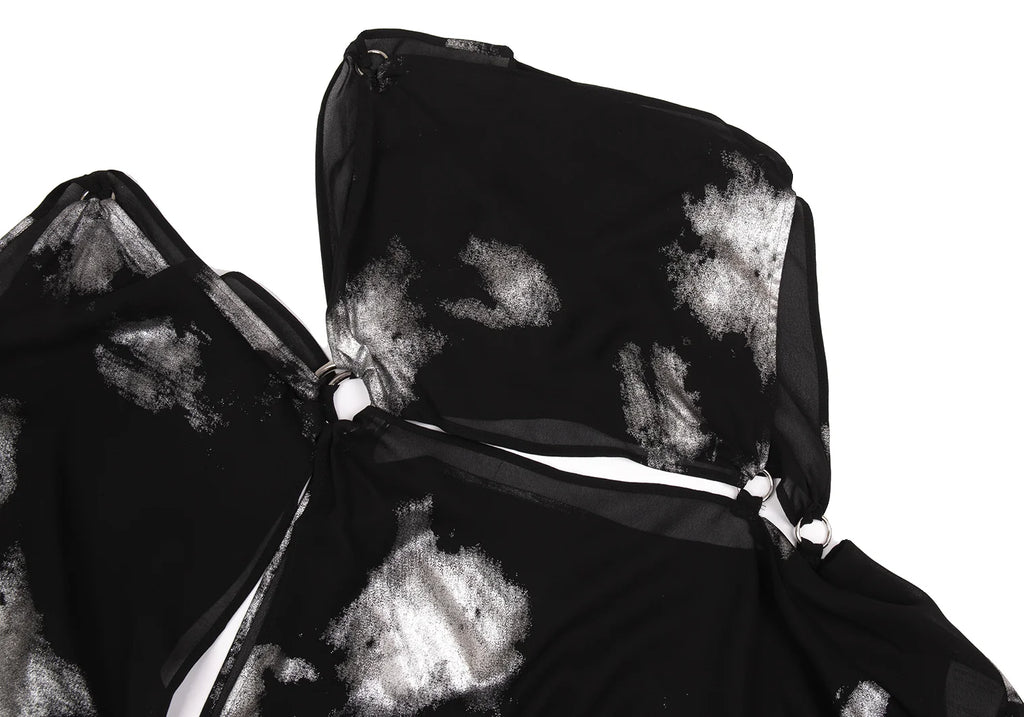 YOHJI YAMAMOTO. LIMI feu JAPAN.  Foil Printed Black Semi-Sheer Poly Dress