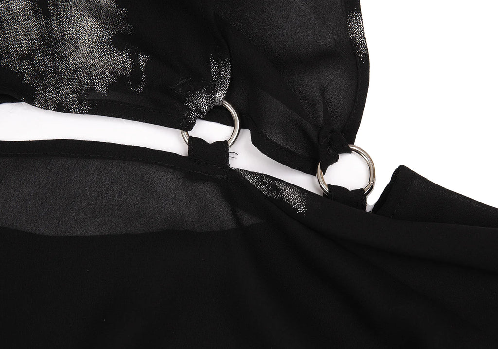YOHJI YAMAMOTO. LIMI feu JAPAN.  Foil Printed Black Semi-Sheer Poly Dress