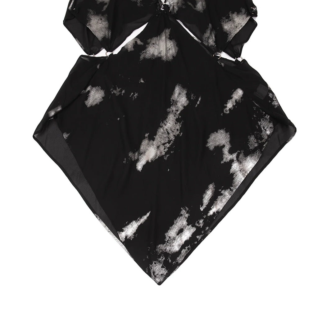 YOHJI YAMAMOTO. LIMI feu JAPAN.  Foil Printed Black Semi-Sheer Poly Dress