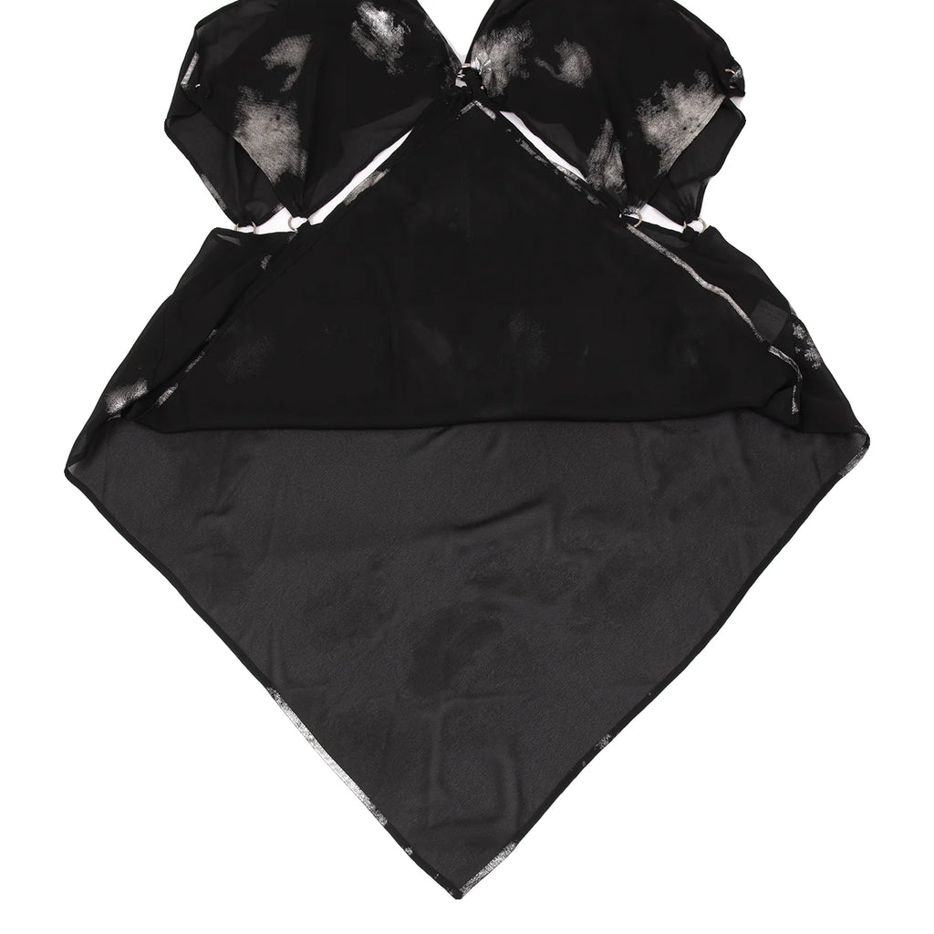 YOHJI YAMAMOTO. LIMI feu JAPAN.  Foil Printed Black Semi-Sheer Poly Dress