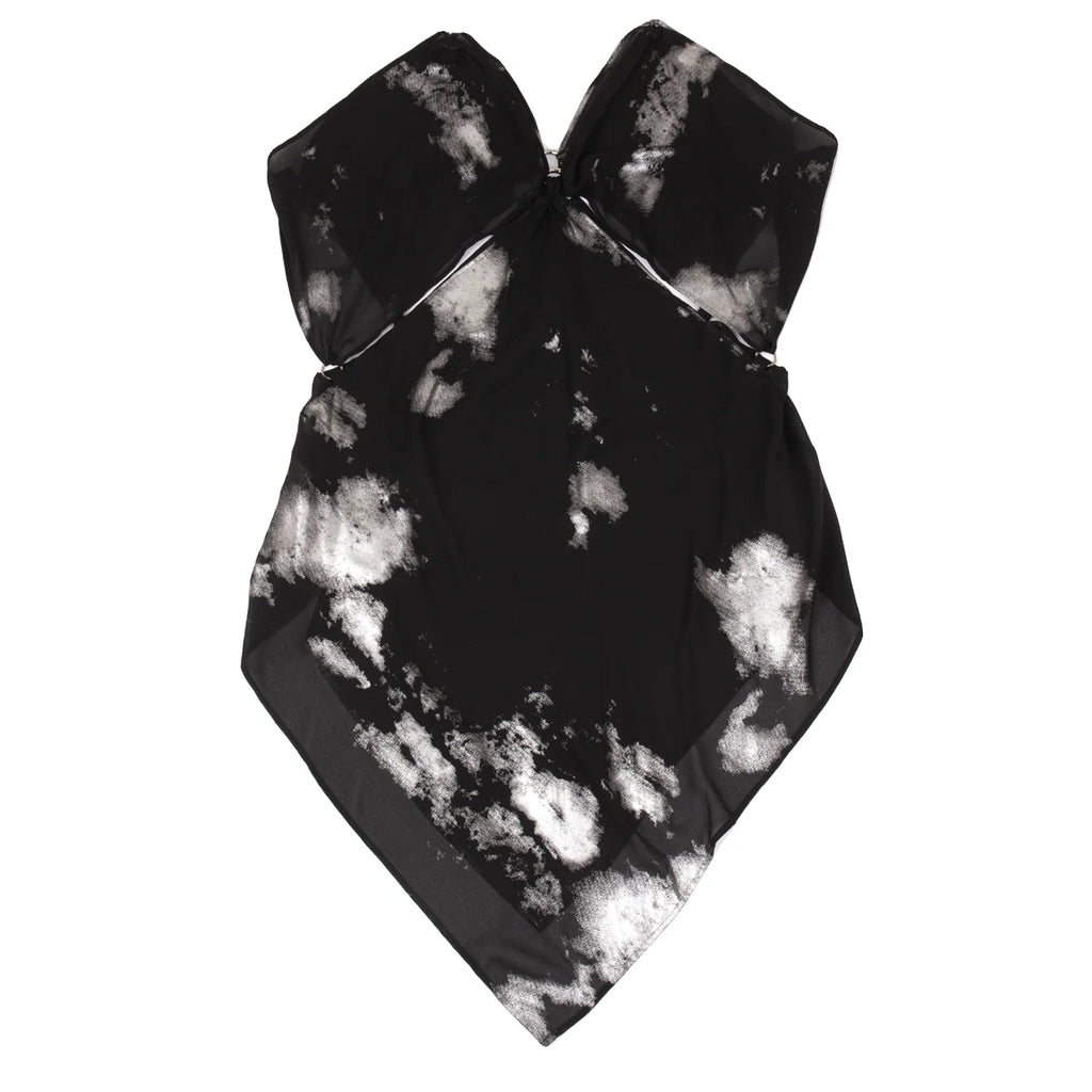 YOHJI YAMAMOTO. LIMI feu JAPAN.  Foil Printed Black Semi-Sheer Poly Dress