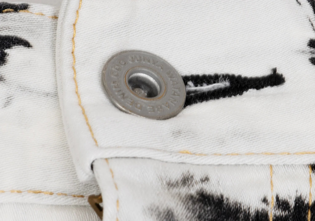 COMME des GARCONS JAPAN. JUNYA WATANABE White, Charcoal, Black Denim Bleach Printed Stretch Slim Pants