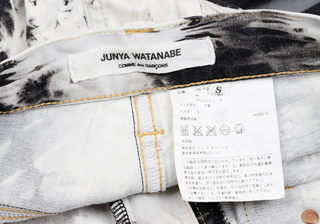 COMME des GARCONS JAPAN. JUNYA WATANABE White, Charcoal, Black Denim Bleach Printed Stretch Slim Pants