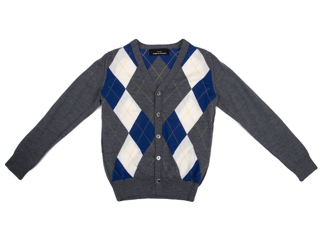 COMME des GARCONS JAPAN. TRICOT. Grey, Blue Wool Argyle Knit Cardigan