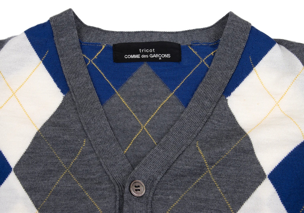 COMME des GARCONS JAPAN. TRICOT. Grey, Blue Wool Argyle Knit Cardigan