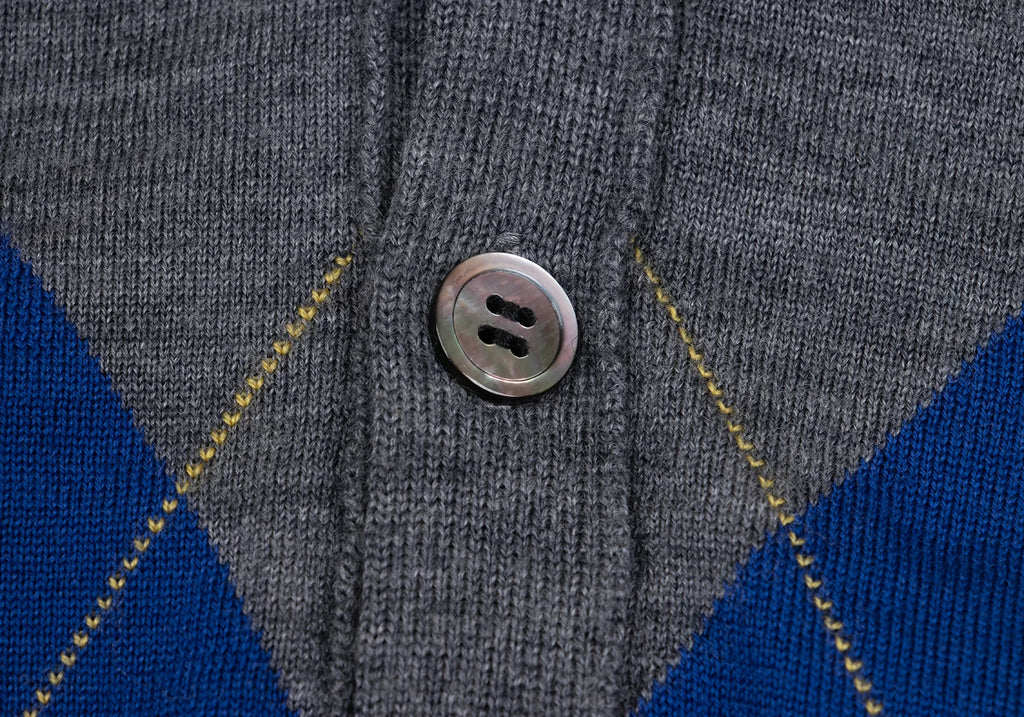COMME des GARCONS JAPAN. TRICOT. Grey, Blue Wool Argyle Knit Cardigan