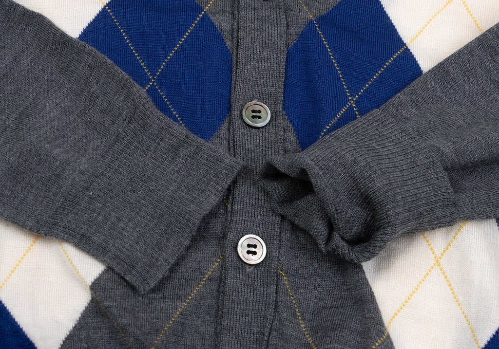 COMME des GARCONS JAPAN. TRICOT. Grey, Blue Wool Argyle Knit Cardigan