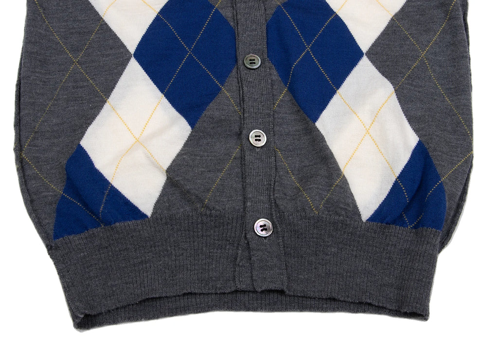 COMME des GARCONS JAPAN. TRICOT. Grey, Blue Wool Argyle Knit Cardigan