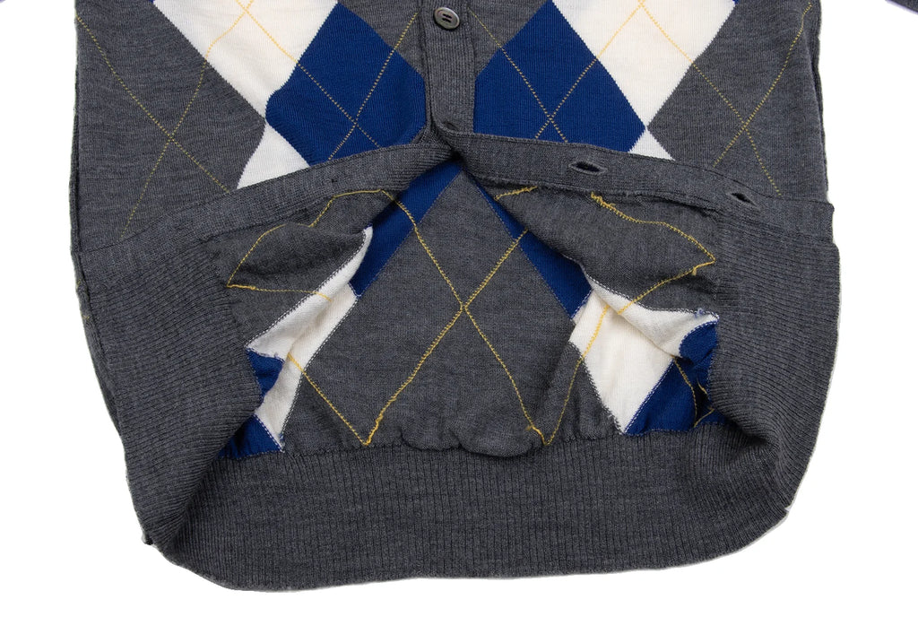 COMME des GARCONS JAPAN. TRICOT. Grey, Blue Wool Argyle Knit Cardigan