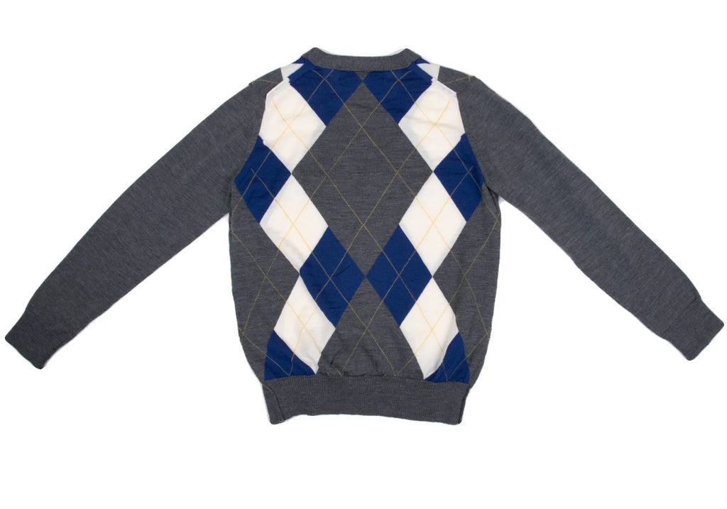 COMME des GARCONS JAPAN. TRICOT. Grey, Blue Wool Argyle Knit Cardigan
