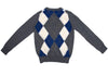 COMME des GARCONS JAPAN. TRICOT. Grey, Blue Wool Argyle Knit Cardigan
