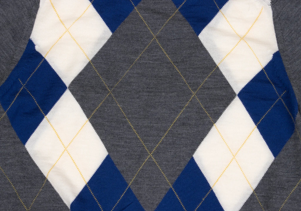 COMME des GARCONS JAPAN. TRICOT. Grey, Blue Wool Argyle Knit Cardigan