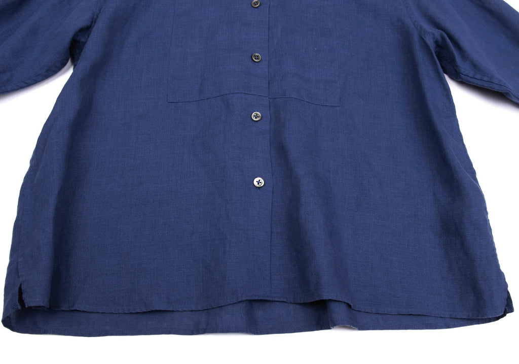 MARGARET HOWELL LONDON/TOKYO. Blue Linen Band Collar Shirt