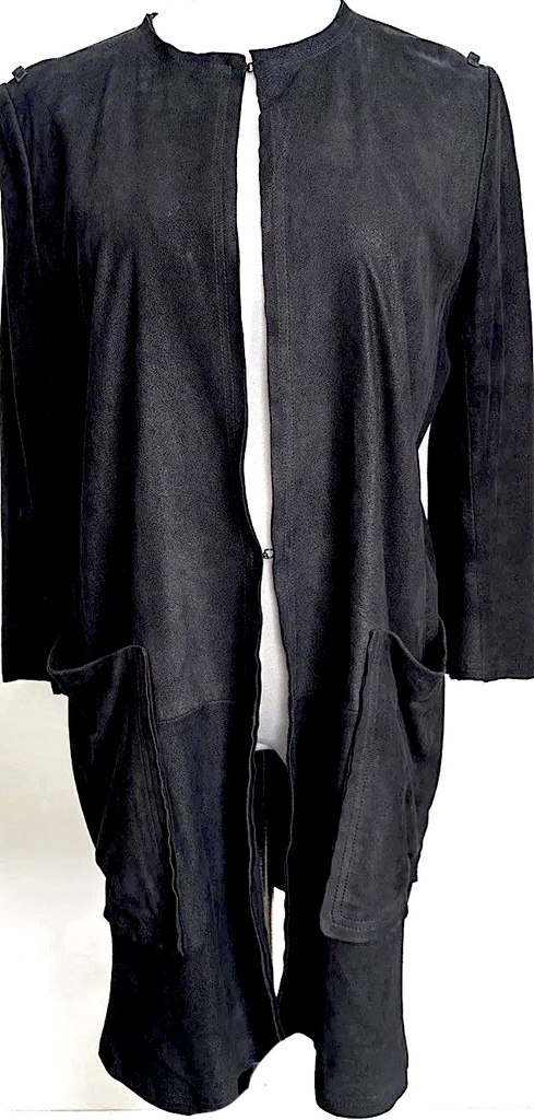 Ann Demeulemeester Belgium. Black Collarless Leather Suede, Rayon Lined Coat