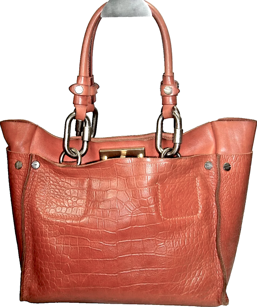 CHLOE PARIS. "Cyndi" Burnt Orange Soft Leather Croc Embossed Suede Interior Shoulderbag by Phoebe Philo