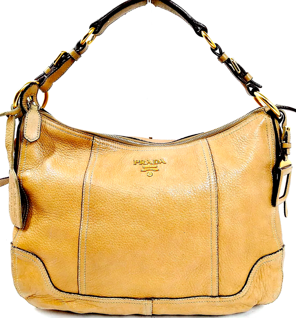 Prada Italy. Beige Brown Leather Medium Size Shoulder Bag