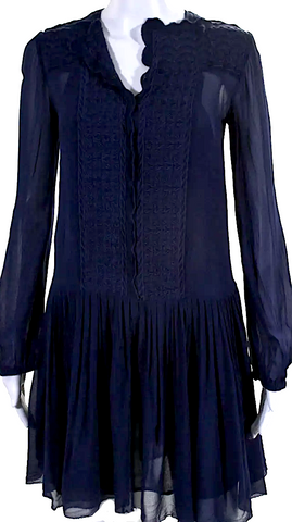 Lanvin Paris. Dark Blue Cotton Grosgrain Accented Square Neckline Knee-Length Dress