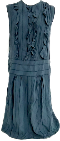 Isabel Marant Etoile Paris. Dark Navy Viscose Semi-Sheer Long Sleeve Pleated Embroidered Shift Dress