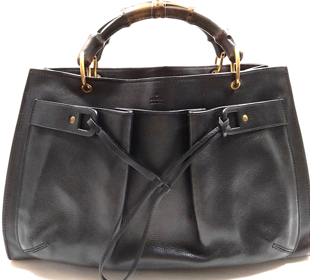 Gucci Italy. Black Leather Bamboo Handle Shoulder Bag / Tote Bag