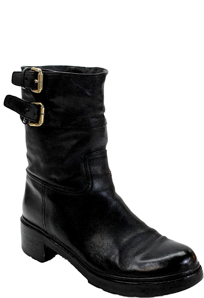 Prada Sport Italy. Black Leather  Slip On Block Heel Double Buckle Boots Size 39.5
