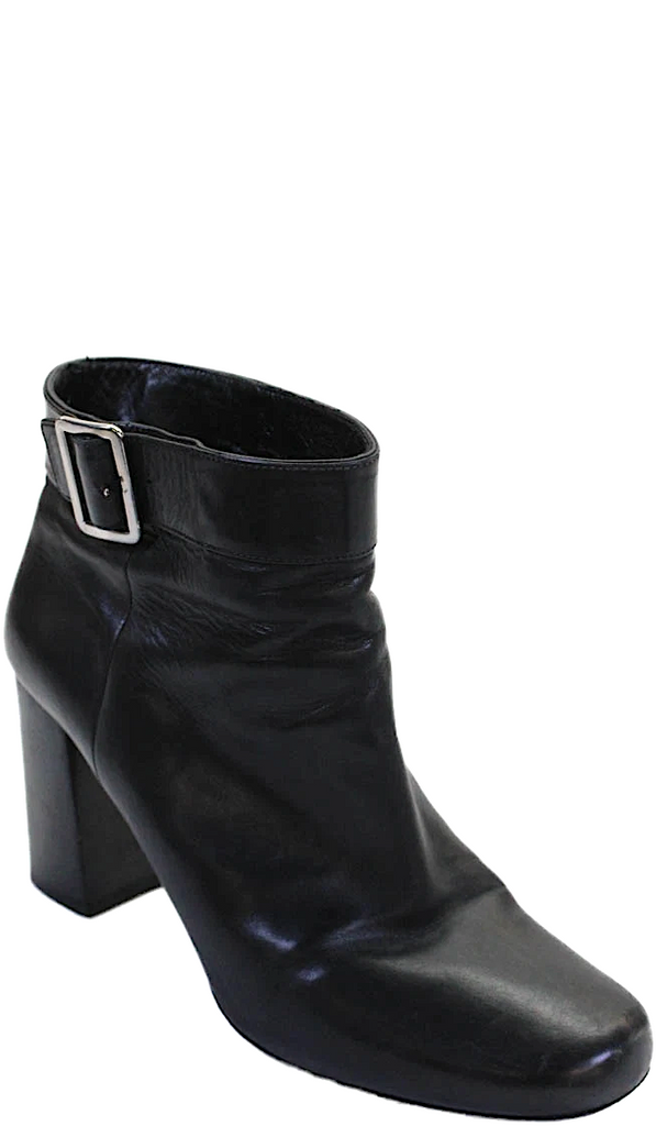 Prada Italy. Black Leather Textured Buckle Block Heel Booties Size EUR 41 (Approx. 38/38.5)
