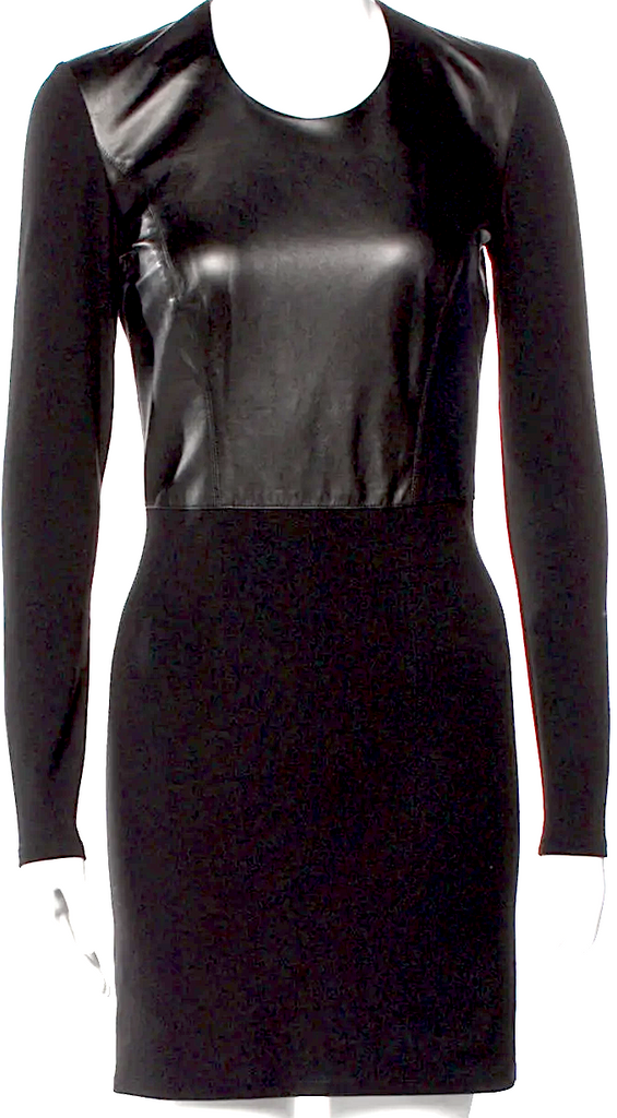 Helmut Lang NY. Black Lambskin Leather Rayon/Nylon/Elastane Blend Fabric Crew Neck Mini Dress