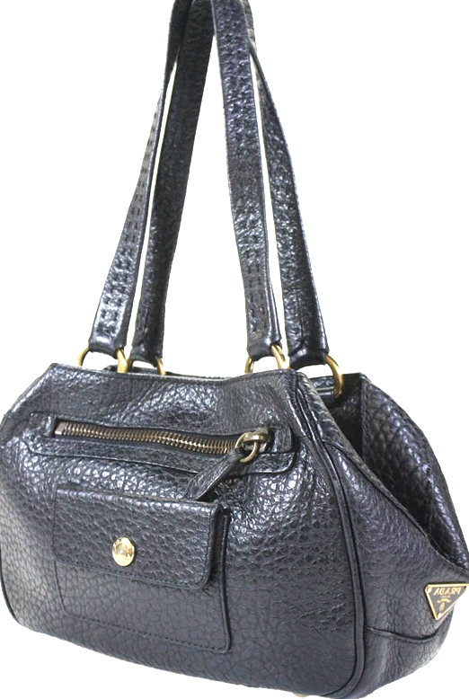Prada Italy. Black Pebbled Leather Shoulder Bag