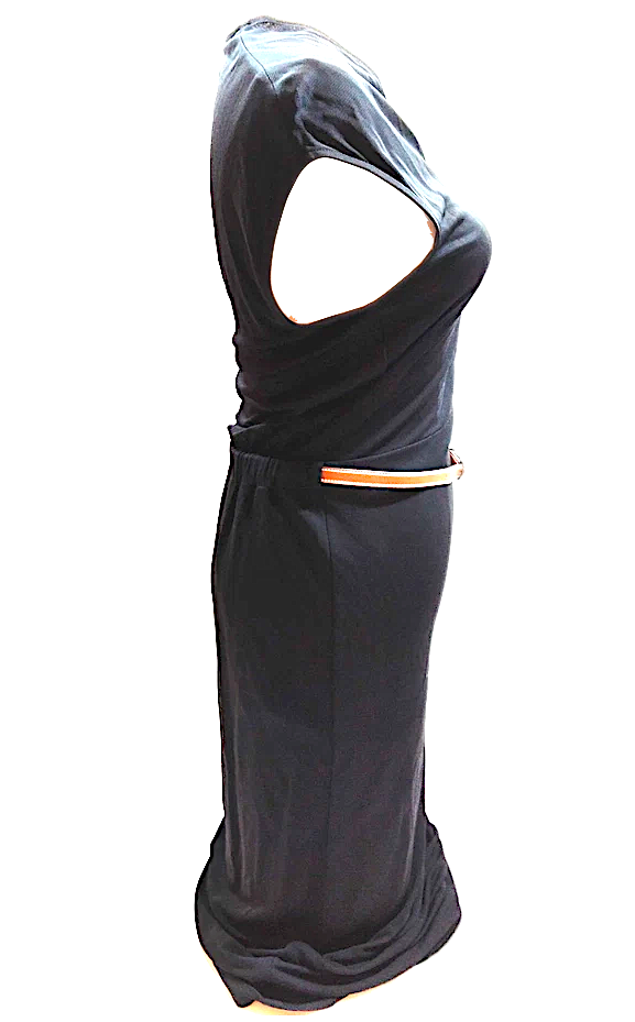 Hermes Paris. Black Rayon Dress with Sewn in Hermes Leather Belt
