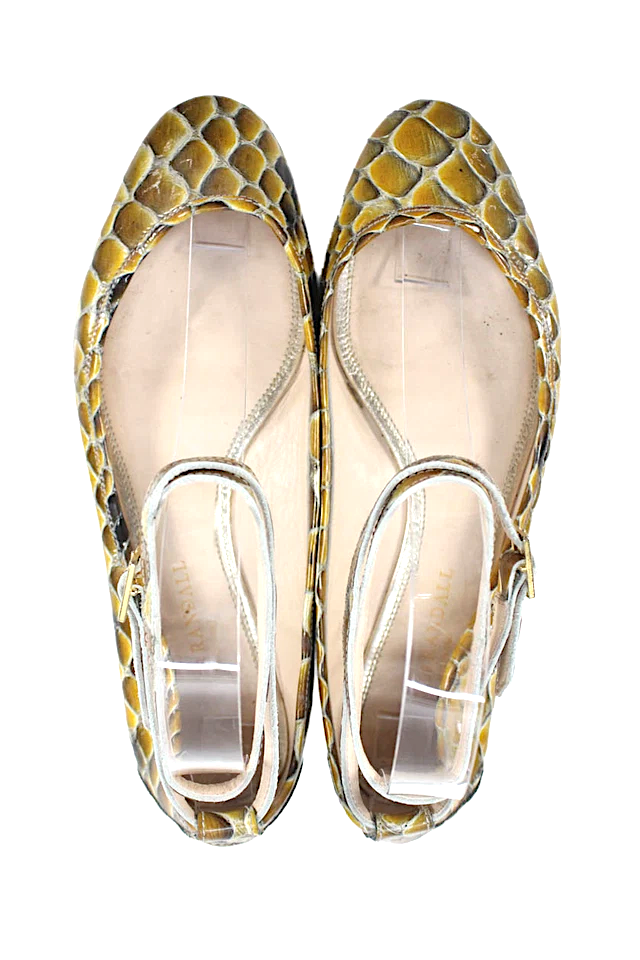 Loeffler Randall NY. Patent Leather Snakeskin Print Ankle Strap Flats