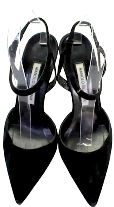MANOLO BLAHNIK PARIS. Black Suede Pointed Toe Ankle Strapped Heels. Size: 38FR