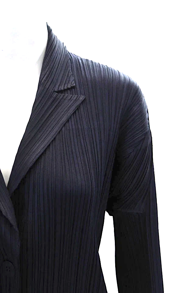 Issey Miyake Japan. Pleats Please. Navy Textured Long Sleeve Button Blouse