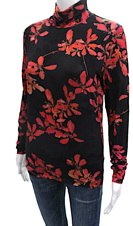 Dries Van Noten Belgium. Black/Red Floral Print Turtleneck Blouse
