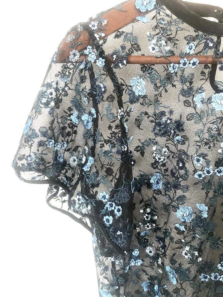 UNITED TOKYO JAPAN. Black Blue Semi-Sheer Embroidered Floral Short Sleeve Blouse