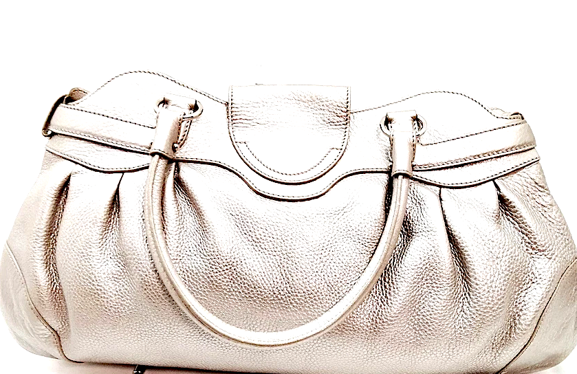 Ferragamo Italy. Gray Metallic Pebbled Leather Shoulder Bag / Hand Bag