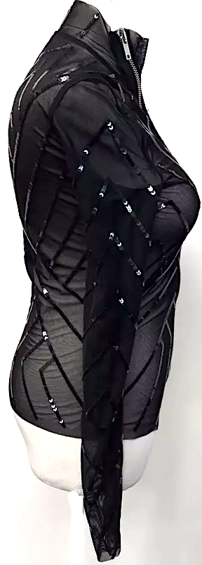 Rick Owens Paris. Black Semi-Sheer Zip Up Mesh Jacket Top With Pailettes