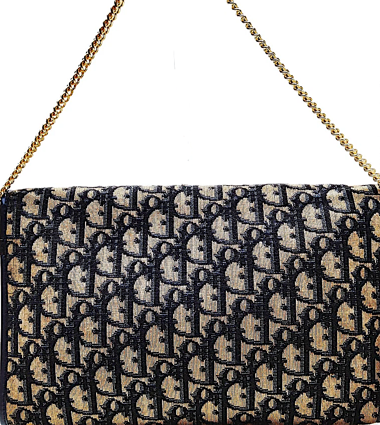 Christian Dior Paris. Navy Blue Leather and Canvas Hand Bag / Shoulder Bag