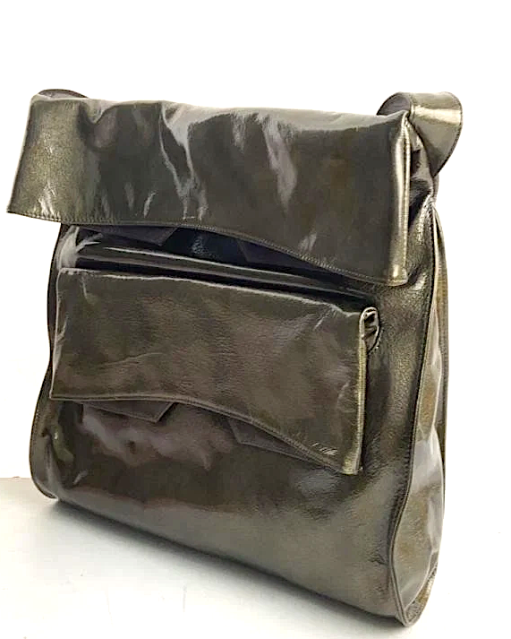 Michiamo Japan. NEW. NWOT. Dark Grey "Wet Look" Leather Shoulder Bag w/ Long Strap Or Foldover Clutch