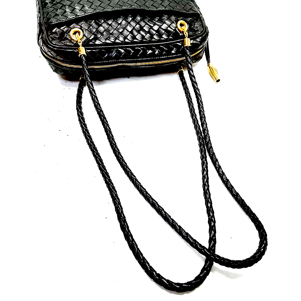 Bottega Veneta Italy. Black Intrecciato Leather Shoulder Bag