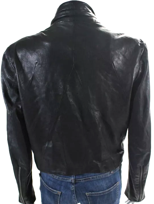 Helmut Lang NY. Black Leather Asymmetric Zip Cropped Biker Jacket