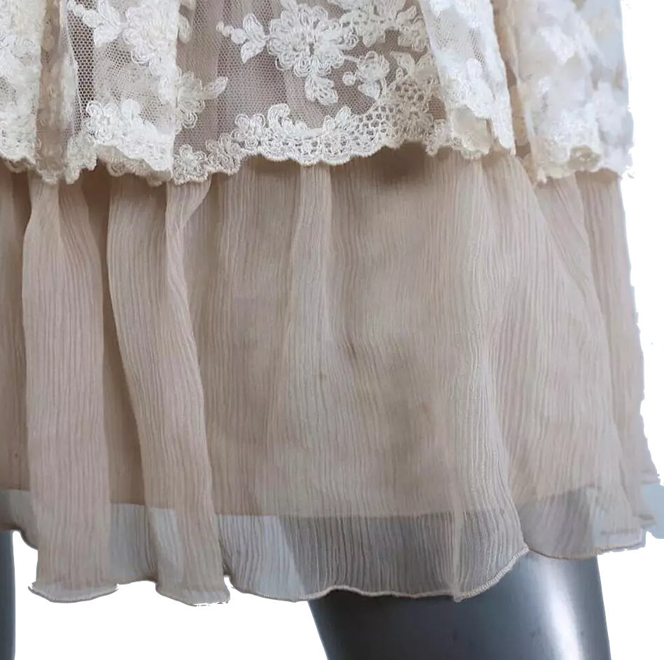 Blugirl Blumarine Italy. Anna Molinari. Spaghetti Strap Nude Ruffled Chiffon & Embroidered Tulle Mini Dress