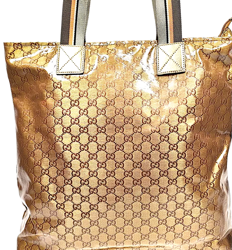 Gucci Italy. Vintage Large Gold Coated Canvas Logo Tote Bag / Shoulder Bag