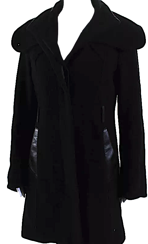 Mackage Montreal. Black Wool Leather Patchwork Buttoned Collared Trench Coat