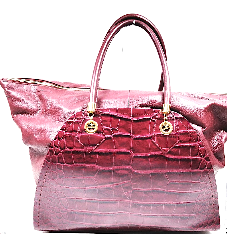 VIVIENNE WESTWOOD UK. NEW W/O TAG. Bordeaux Croc Pattern Leather Distressed Large Shoulder Bag / Tote Bag