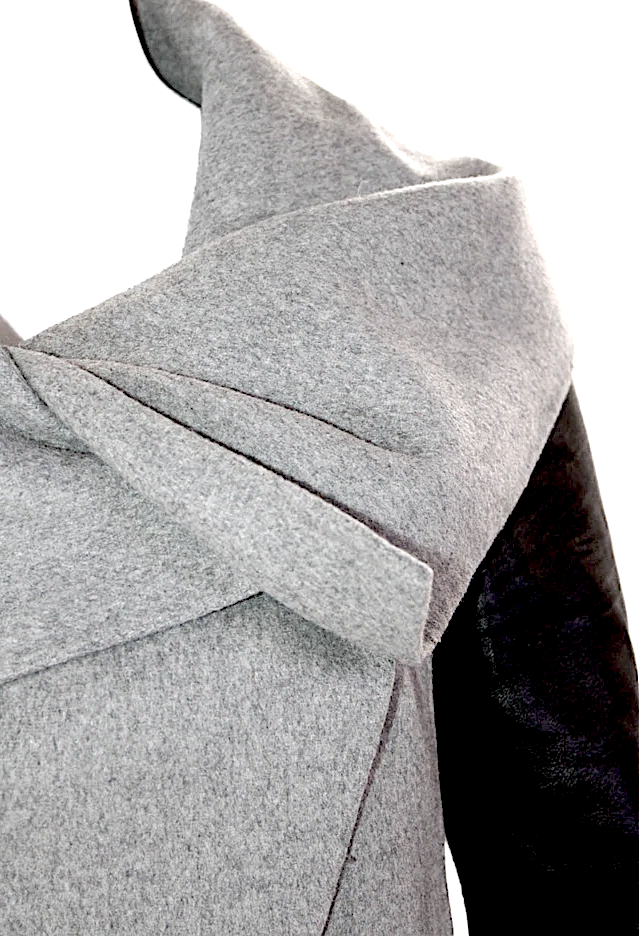 Mackage Gray Wool Black Leather Trim Sleeves,  Collared Jacket