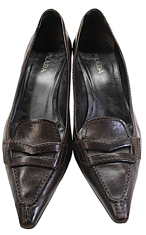 Prada Italy. Walnut Brown Leather Loafer Pointed Toe Pumps  Size 39.5 9.5