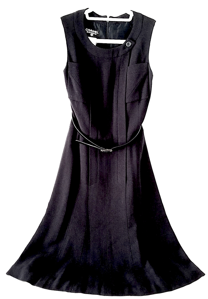 Chanel Paris. Black Wool Silk Lining Flare Chanel Belted Dress