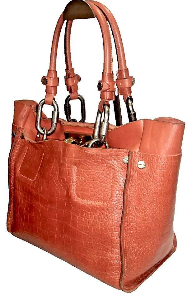 CHLOE PARIS. "Cyndi" Burnt Orange Soft Leather Croc Embossed Suede Interior Shoulderbag by Phoebe Philo