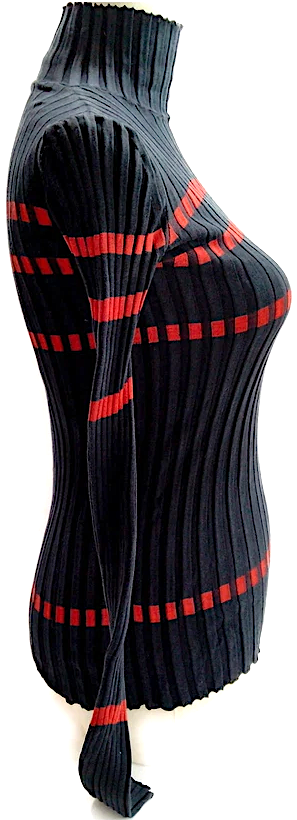 Loewe Madrid. Black Silk with Rust Color Accent Stretch Turtleneck Top