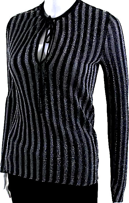 Stella McCartney UK. Silver Tie Neck Metallic Knit Stripe Sweater Blouse