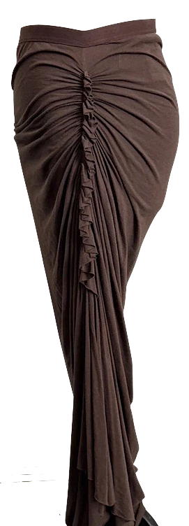 Rick Owens Paris. Lilies. Dark Dust Brown Jersey Ruched Skirt with Ruffle